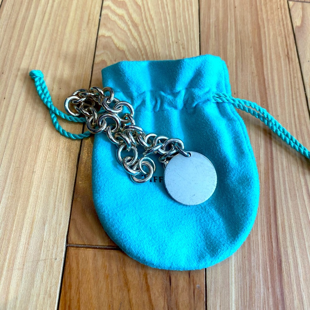 Tiffany & Co round tag blank charm bracelet 7.5 inch length sterling silver